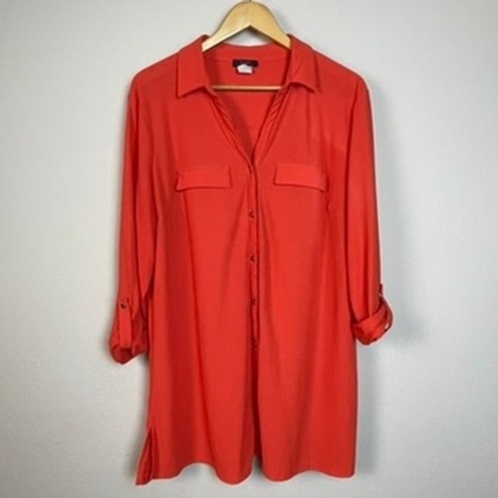 Cocomo Woman Orange Textured‎ Long Sleeve Button Up Shirt Dress Tunic 2X